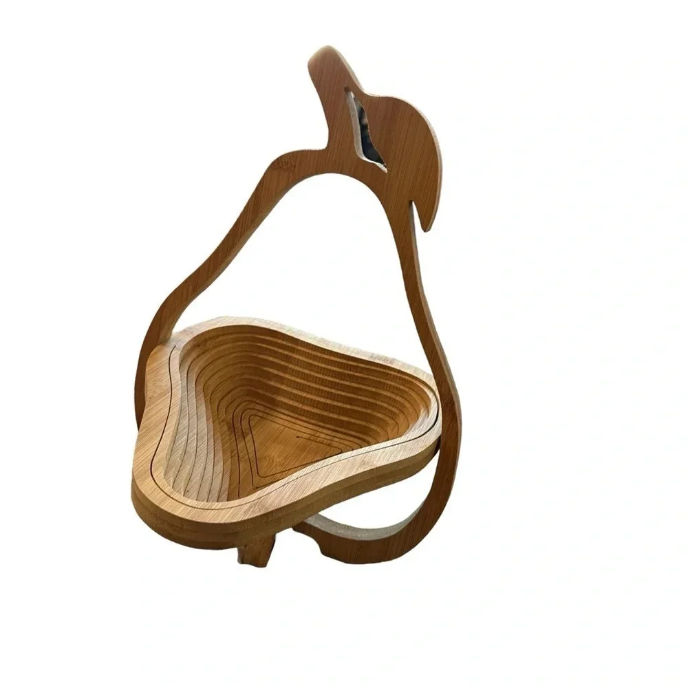 Collapsible Fruit Basket Pear Shape Kitchen Decor Bamboo Wood Trivet